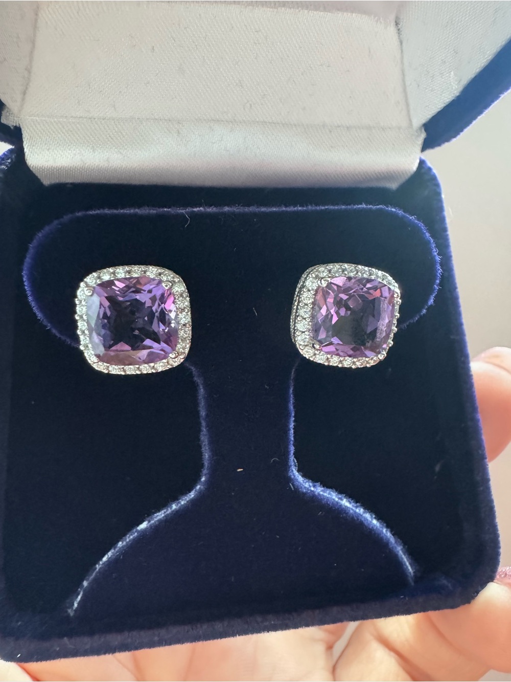 Judith Ripka 925 Stirling Silver Amethyst Omega Closure studs with CZ halo
